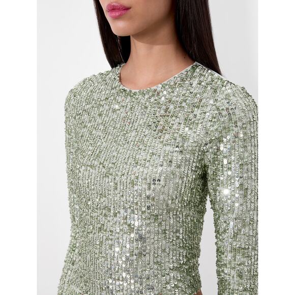ALICE + OLIVIA Delaina Long Sleeve Sea Green Sequin Crop Top - Picture 4 of 14